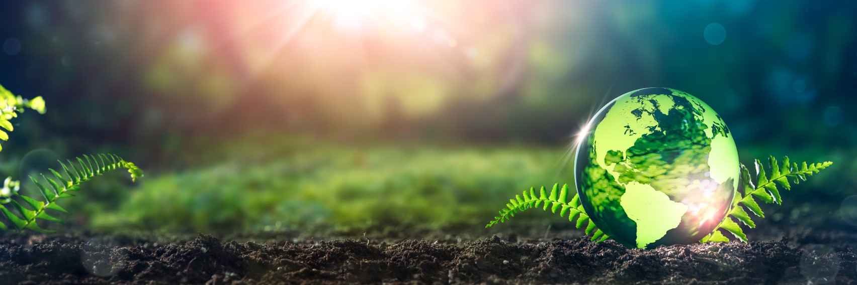 glass globe of earth resting on soil and grass